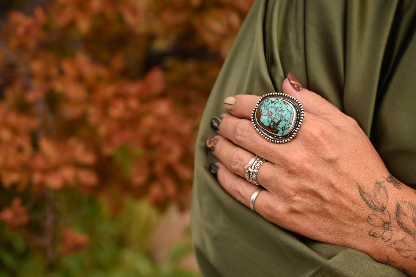 Red webbed Kingman Turquoise Shadow box ring