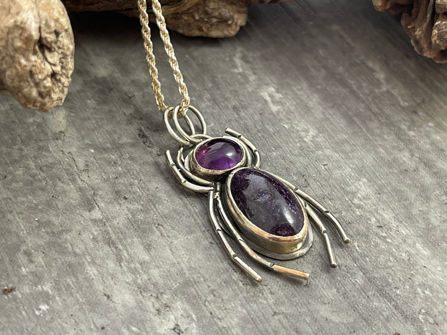 "The Veilreader"- Sugilite and Amethyst Stones Spider Pendant
