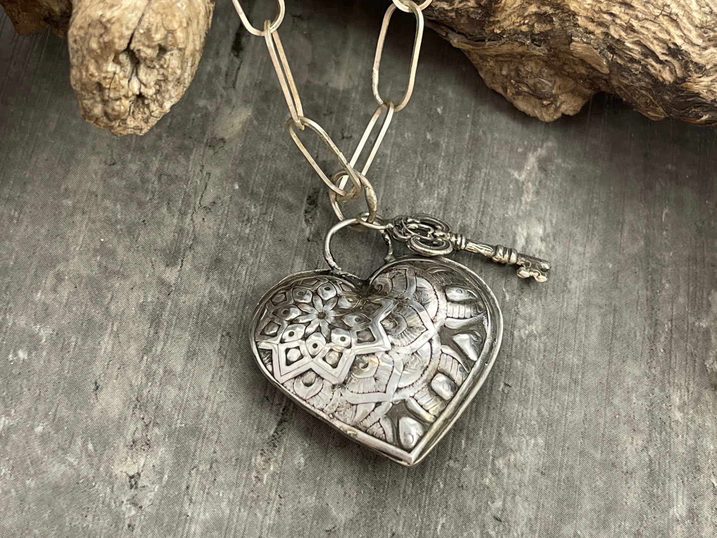 "The Locked Heart"- Handmade Sterling Silver Textured Puff Heart Pendant