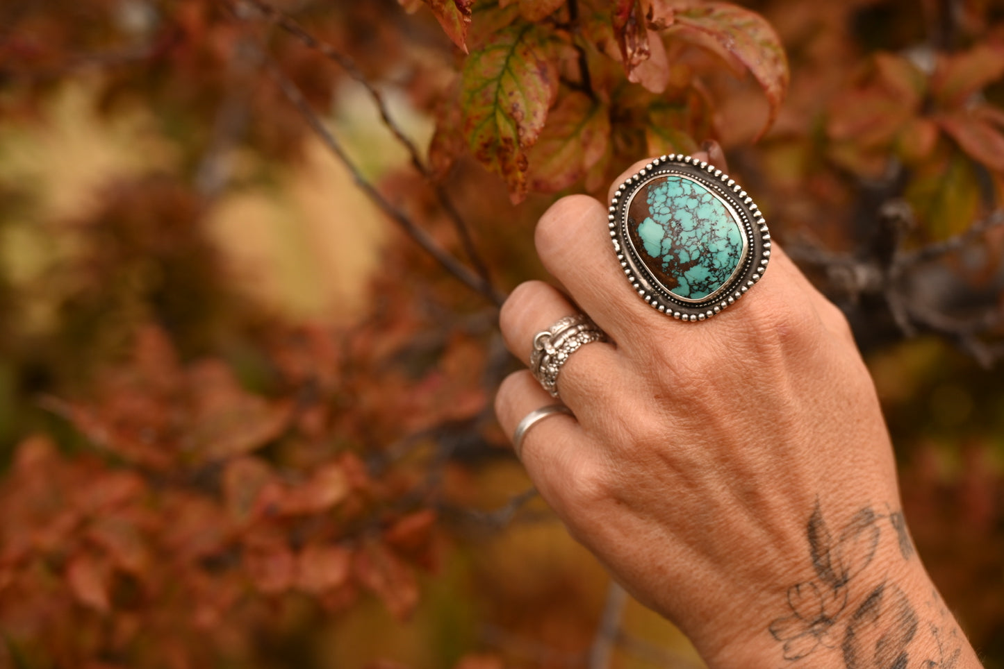 Red webbed Kingman Turquoise Shadow box ring