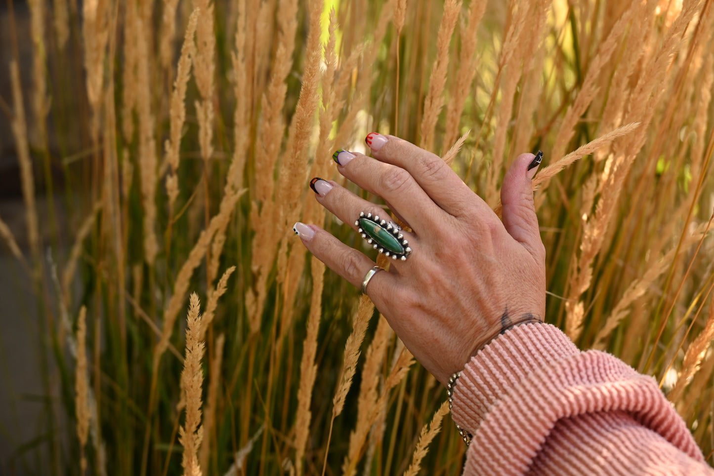Vintage Ring | Turquoise + Hand-Stamped Band | Size 4.5