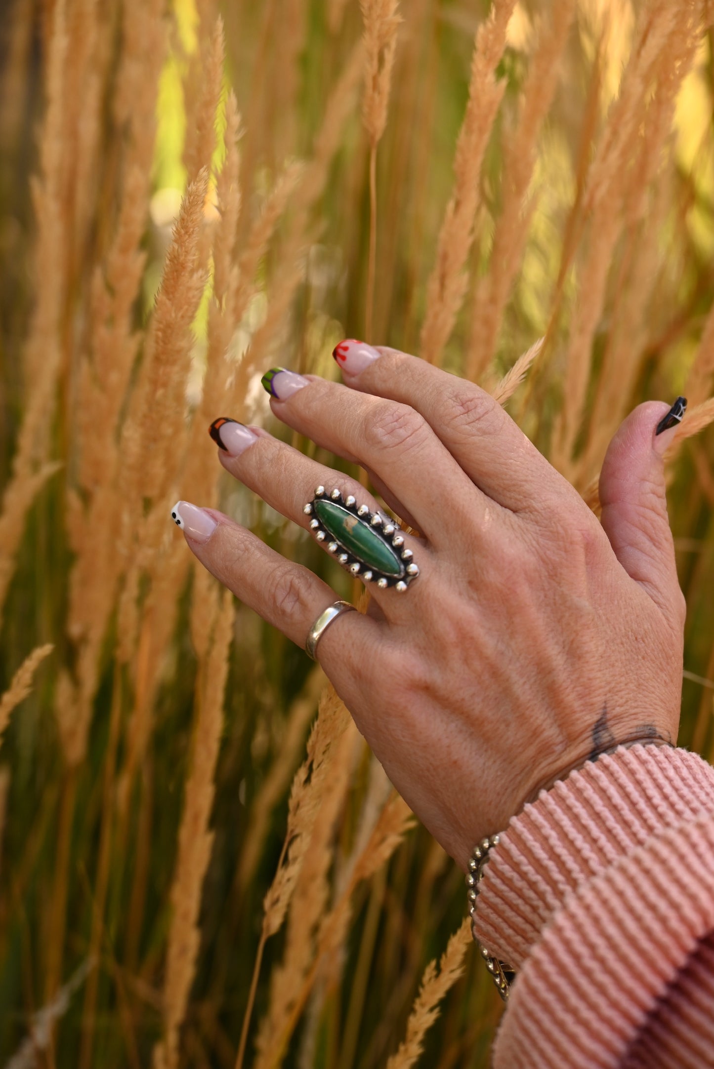 Vintage Ring | Turquoise + Hand-Stamped Band | Size 4.5