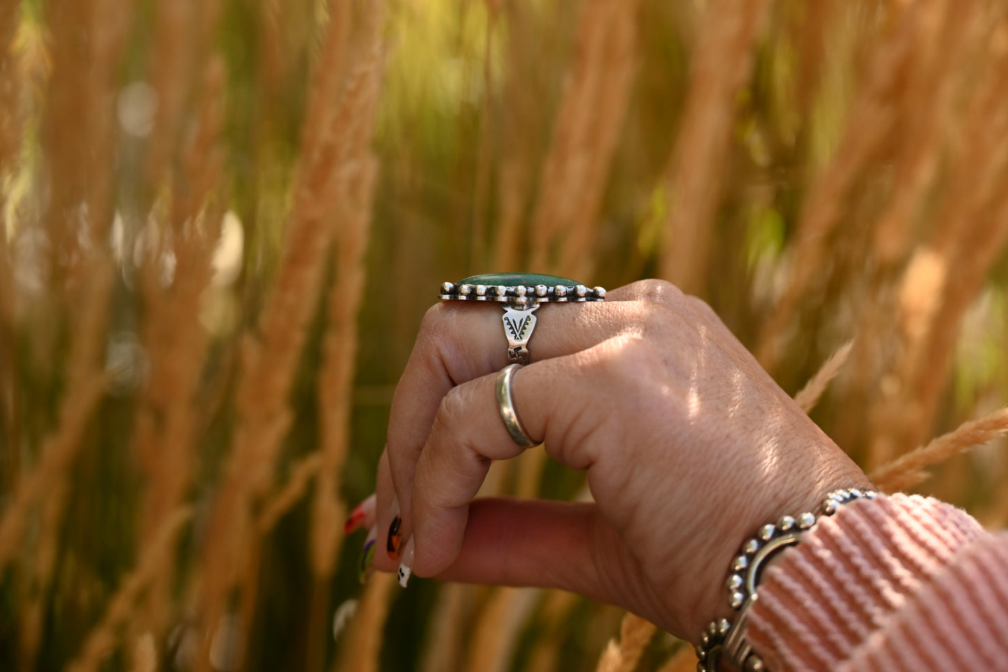 Vintage Ring | Turquoise + Hand-Stamped Band | Size 4.5