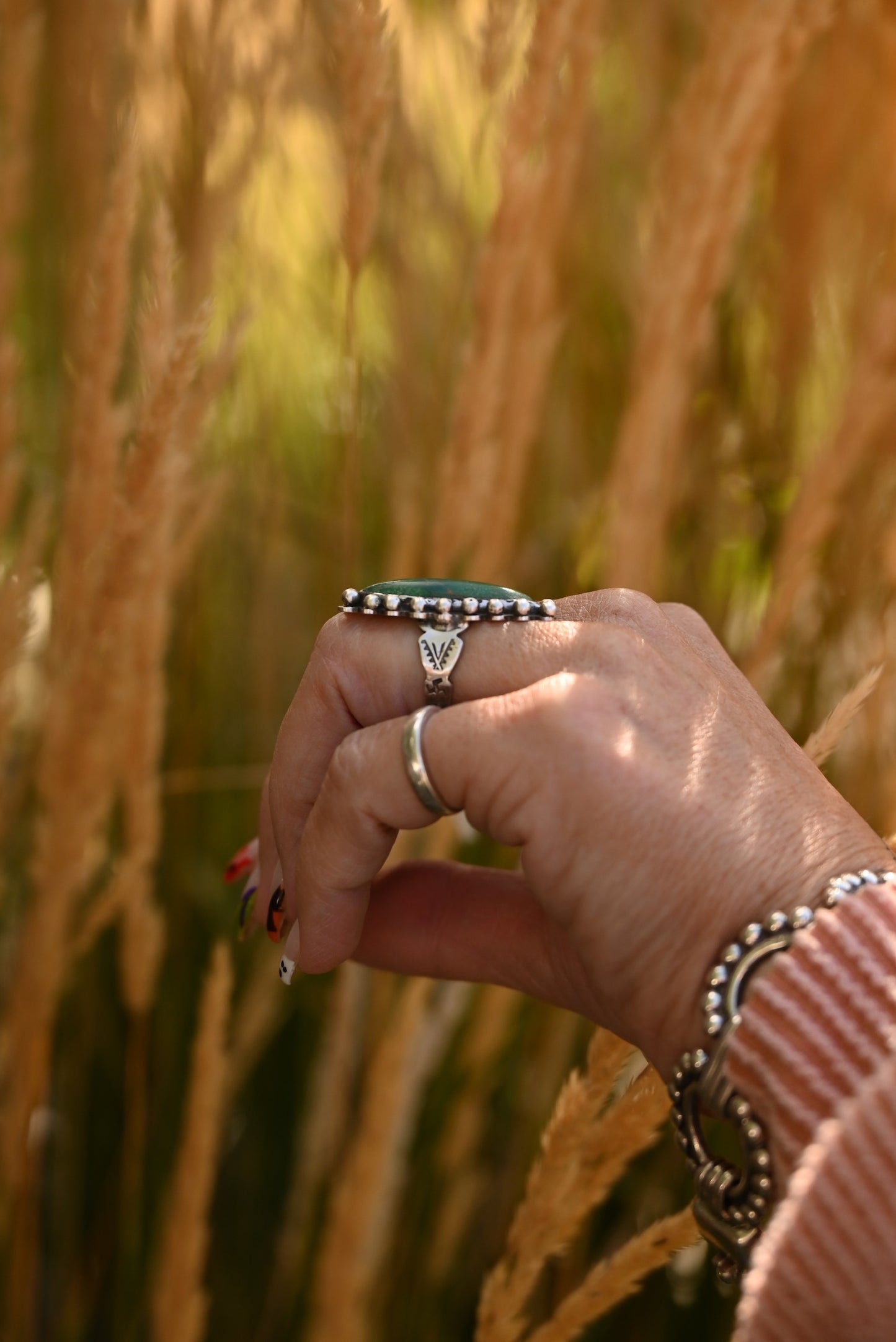 Vintage Ring | Turquoise + Hand-Stamped Band | Size 4.5
