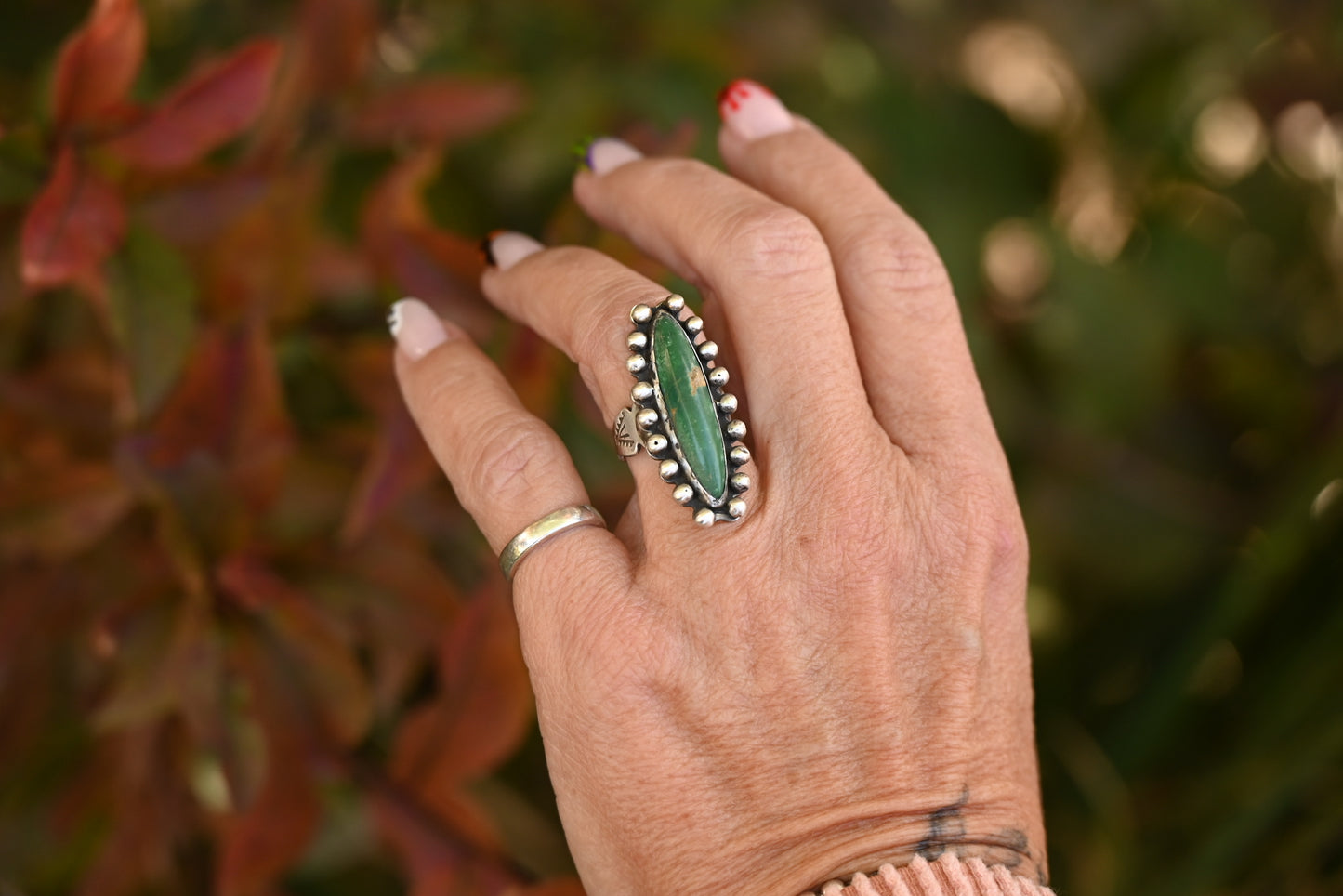 Vintage Ring | Turquoise + Hand-Stamped Band | Size 4.5